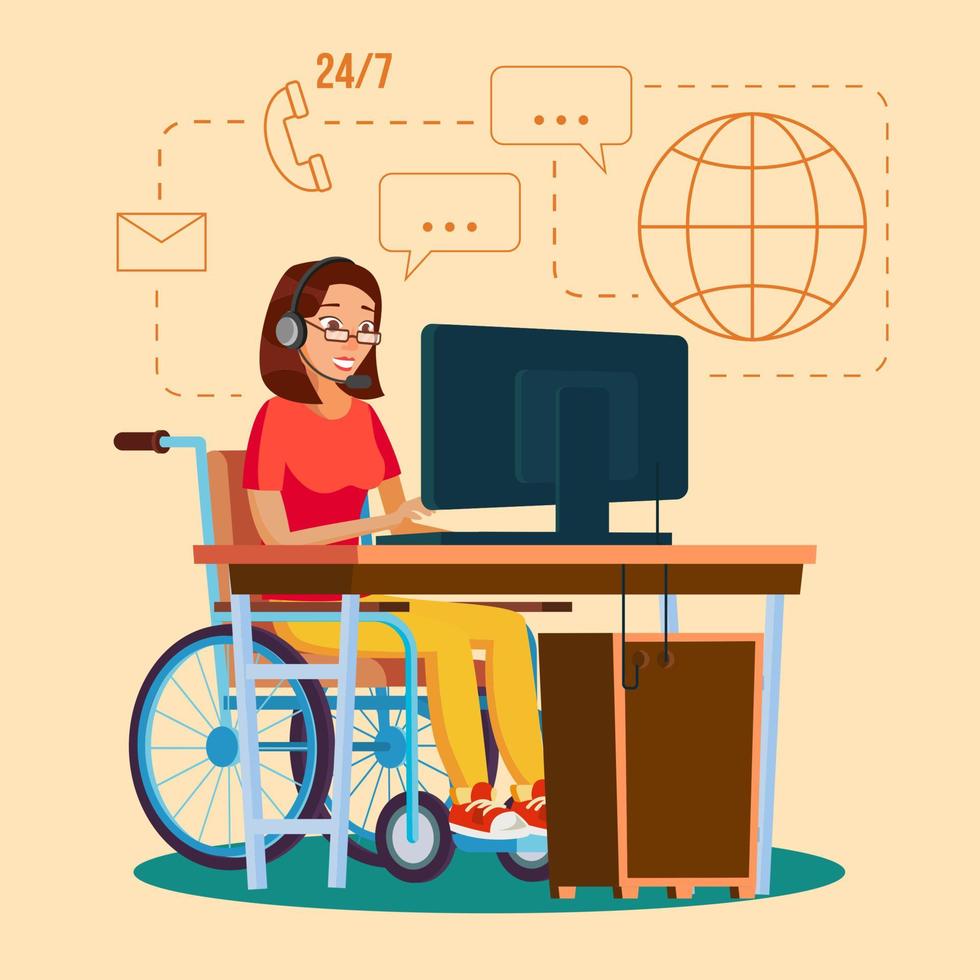 Disabled Woman Working Vector. Socialization Concept. Wheelchair With Person. Isolated Flat Cartoon Character Illustration vector