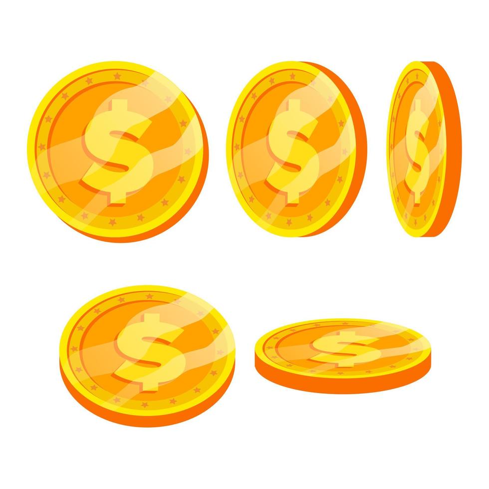 Dollar Gold Coins Sign Vector Set. Flat, Cartoon. Flip Different Angles. Currency Money. Investment Concept Illustration. Banking, Finance Coin Symbol. Dollar Currency Isolated