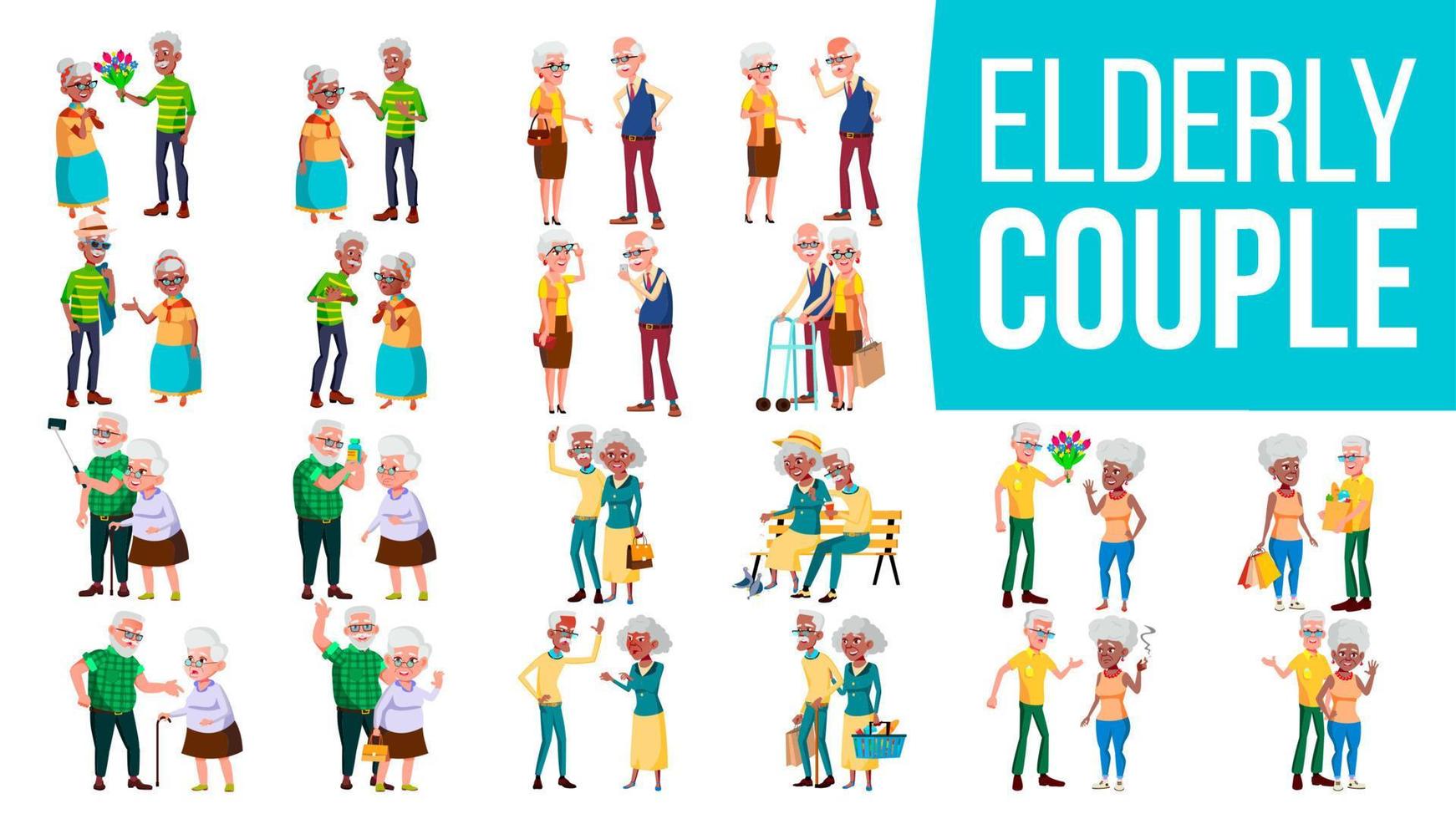Elderly Couple Set Vector. Grandpa With Grandmother. Lifestyle. Elderly Family. Grey-haired Characters. Social Concept. Senior. Couple Of Elderly People. Afro American, European vector
