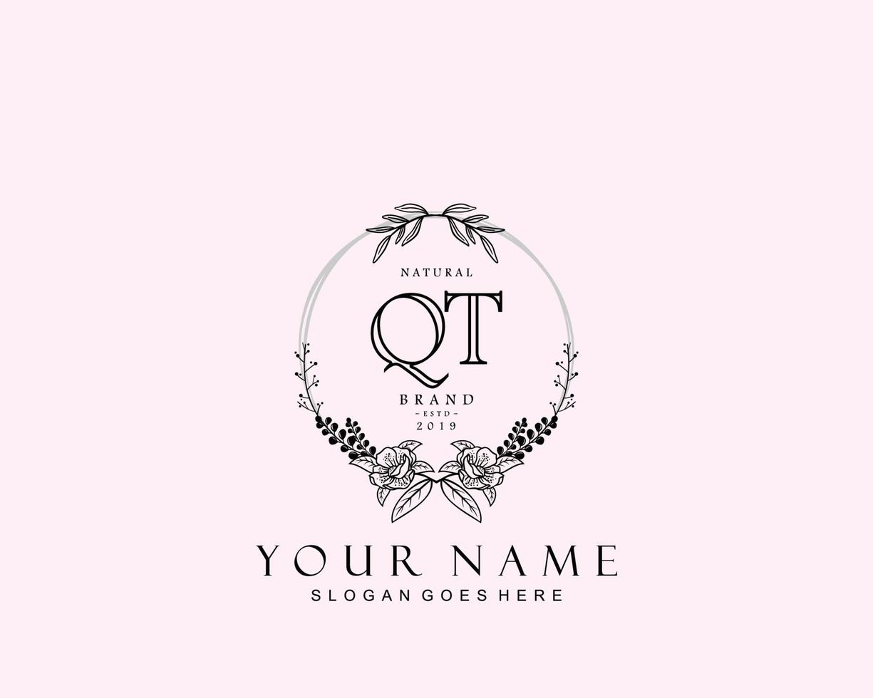 Initial QT beauty monogram and elegant logo design, handwriting logo of initial signature, wedding, fashion, floral and botanical with creative template. vector
