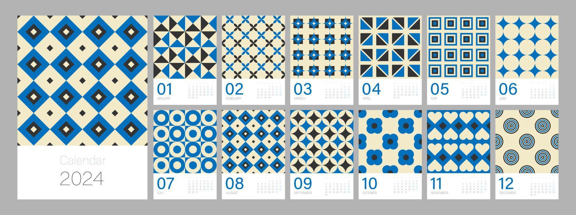 Calendar template for 2024. Vertical design with bright colorful retro geometric ornaments. Editable illustration page template A4, A3, set of 12 months with cover. Vector mesh. Week starts on Monday.