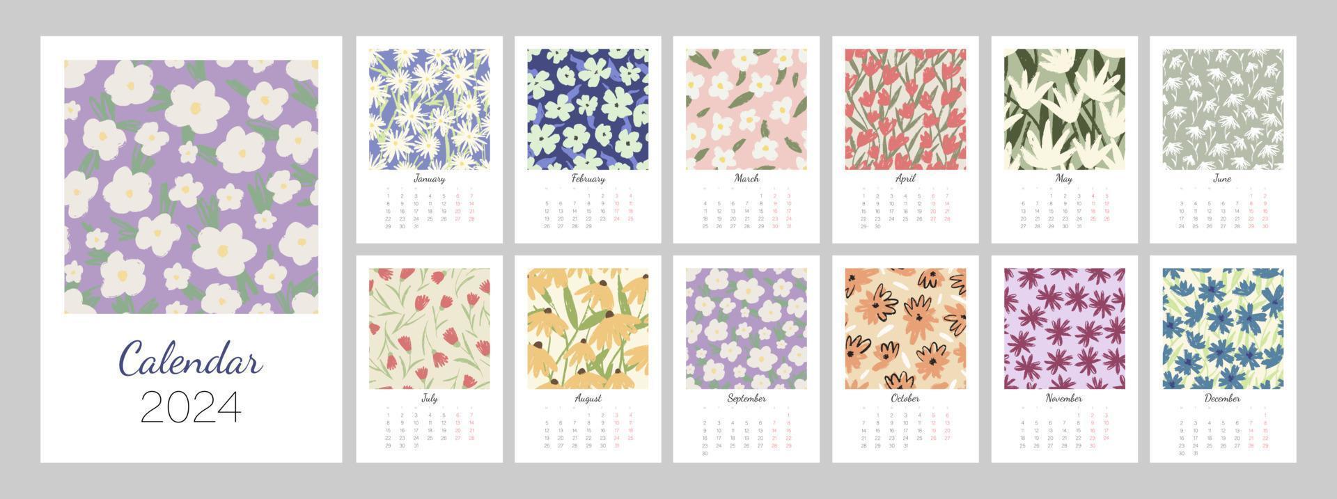 plantilla de calendario floral para 2024. diseño vertical con flores y hojas de colores brillantes. plantilla de página de ilustración editable a4, a3, conjunto de 12 meses con portada. malla vectorial la semana comienza el lunes. vector