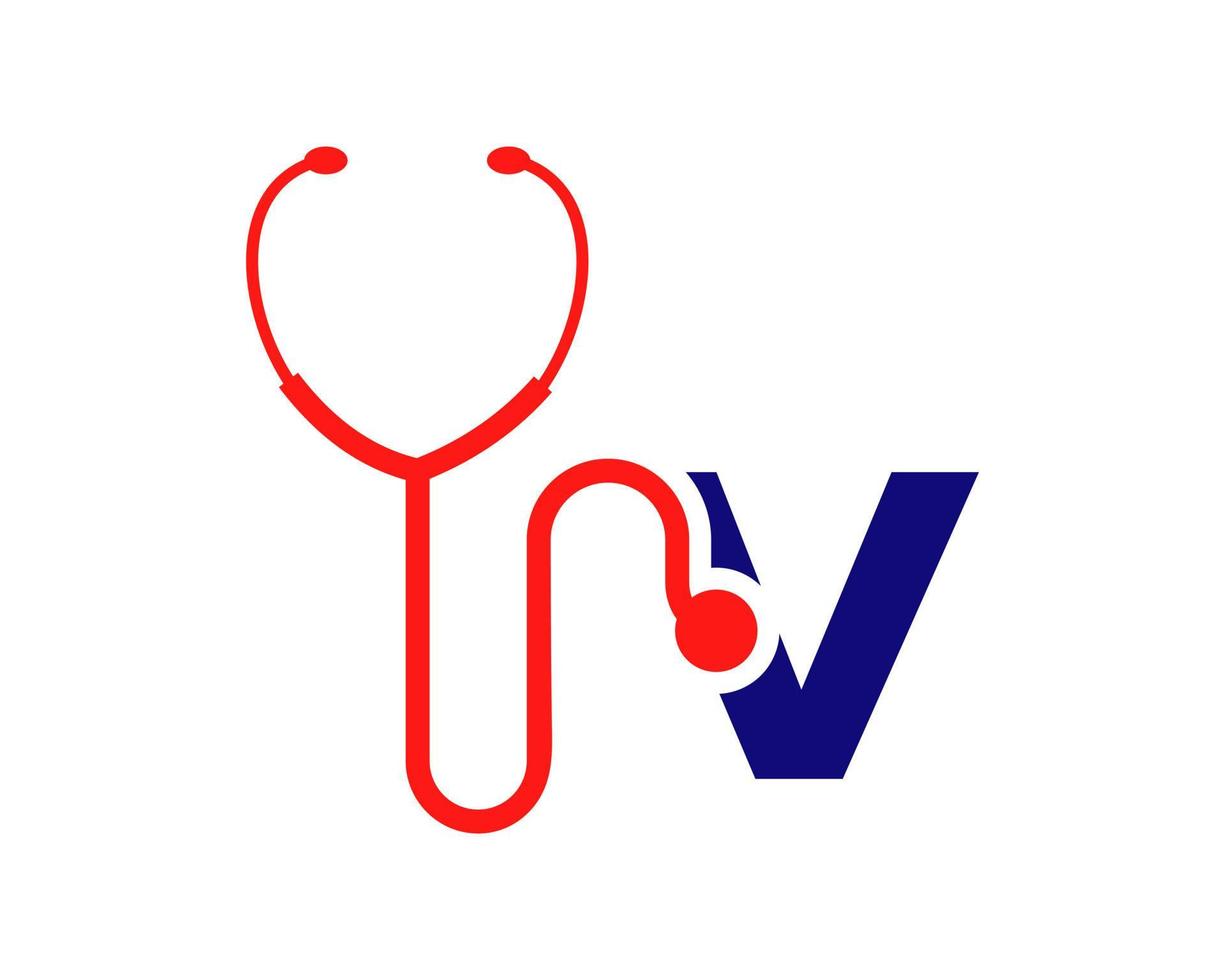 estetoscopio v carta concepto de logotipo de atención médica vector