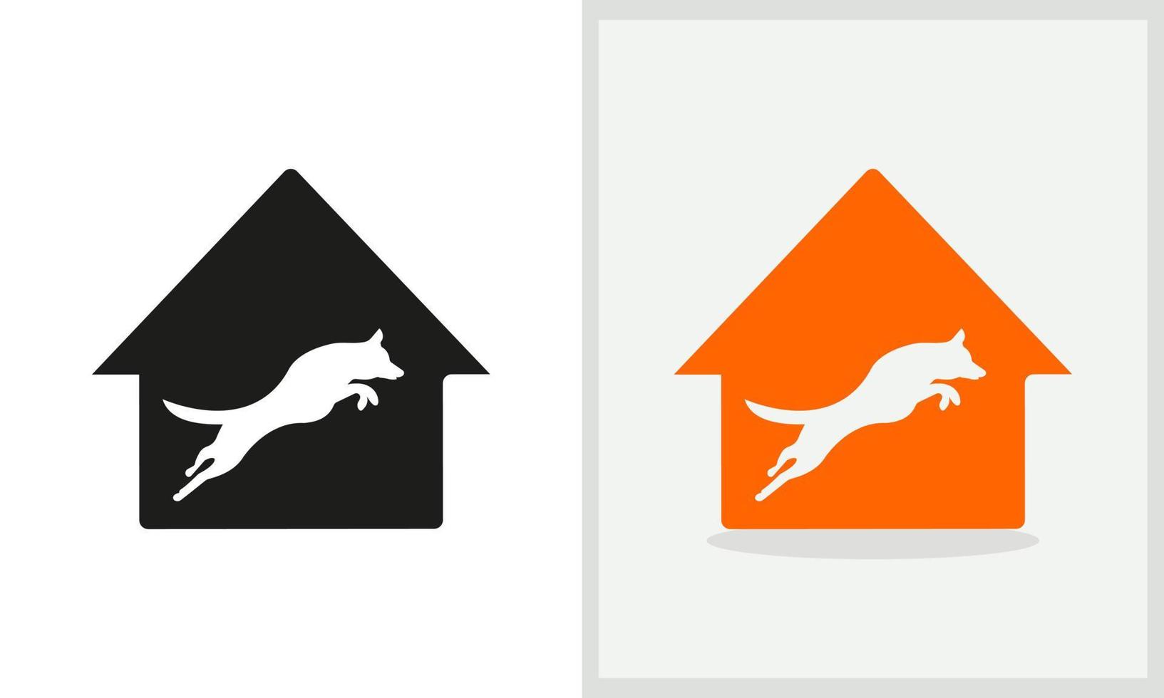 diseño del logotipo de la casa de mascotas. logotipo de la casa con vector de concepto de perro saltador. diseño de logotipo de perro y casa