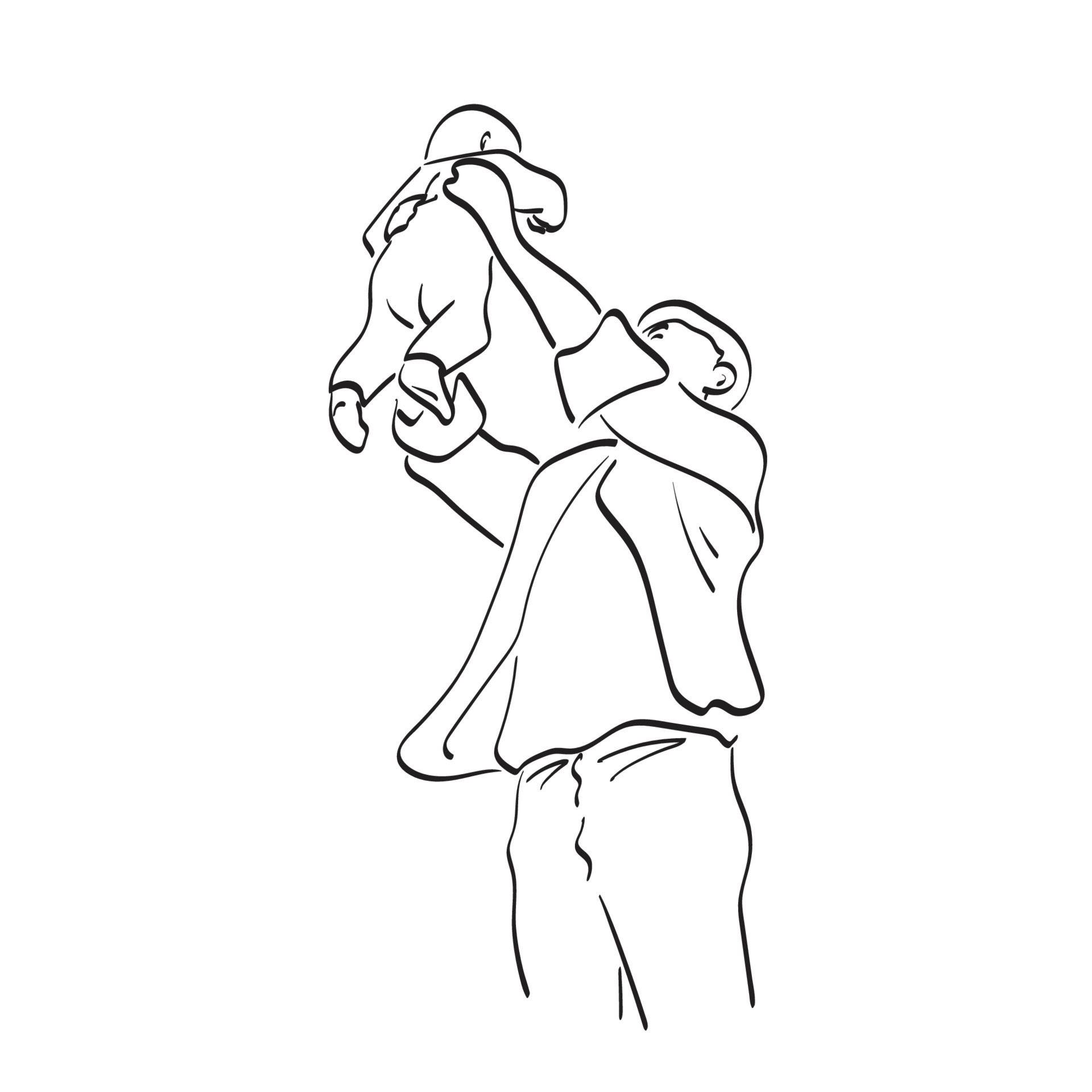 line art father holding little baby up in the air illustration vector