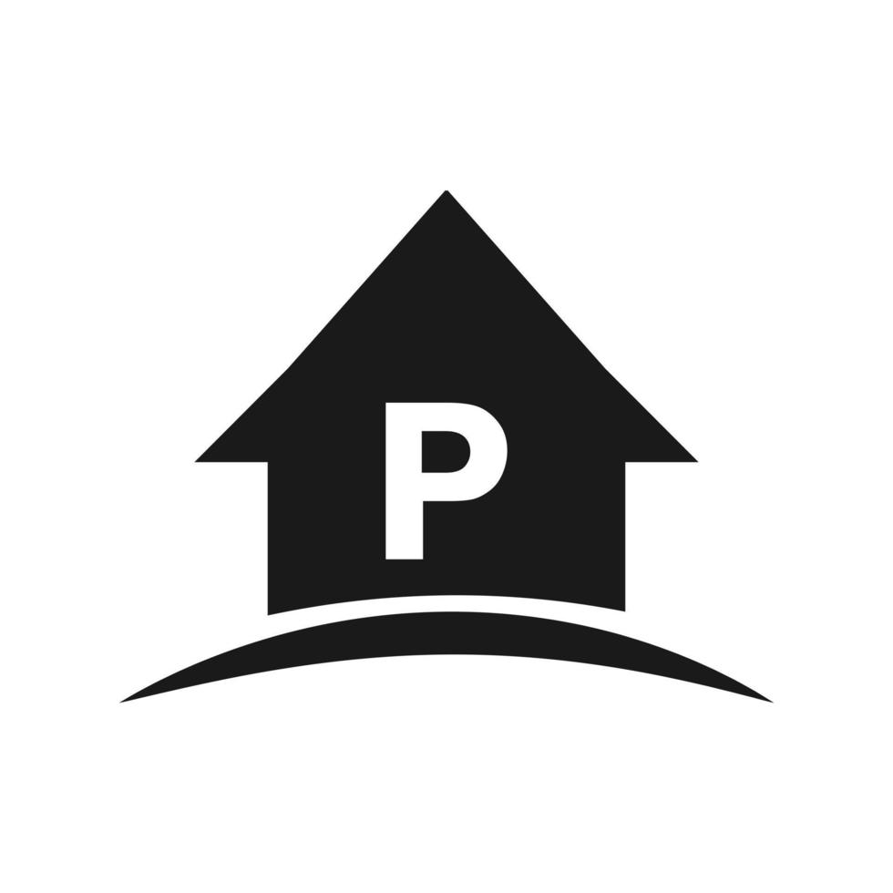 logotipo de la casa en el diseño de la letra p, bienes raíces iniciales, concepto de desarrollo vector