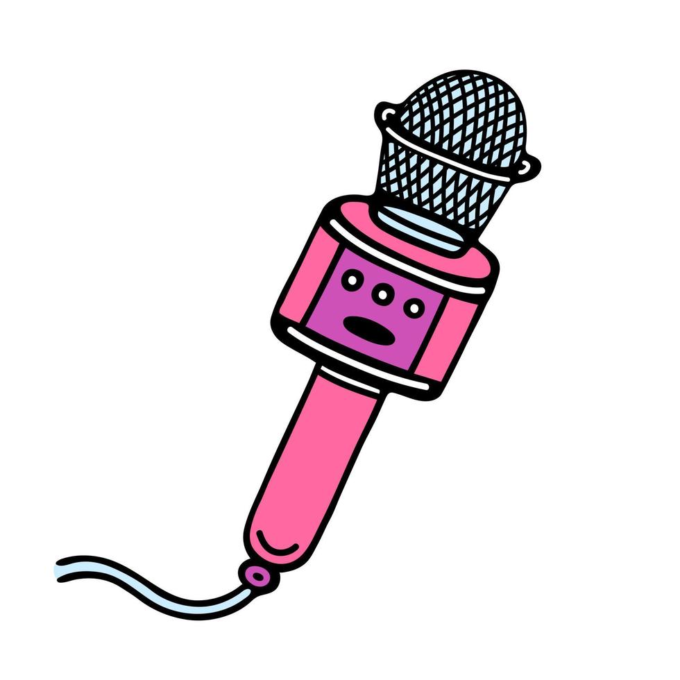 Pink microphone vector icon. Cute device with a wire. Hand drawn illustration isolated on white. Musical item for karaoke, broadcasts, stand-up. Flat cartoon doodle. For logo, apps, web, prints