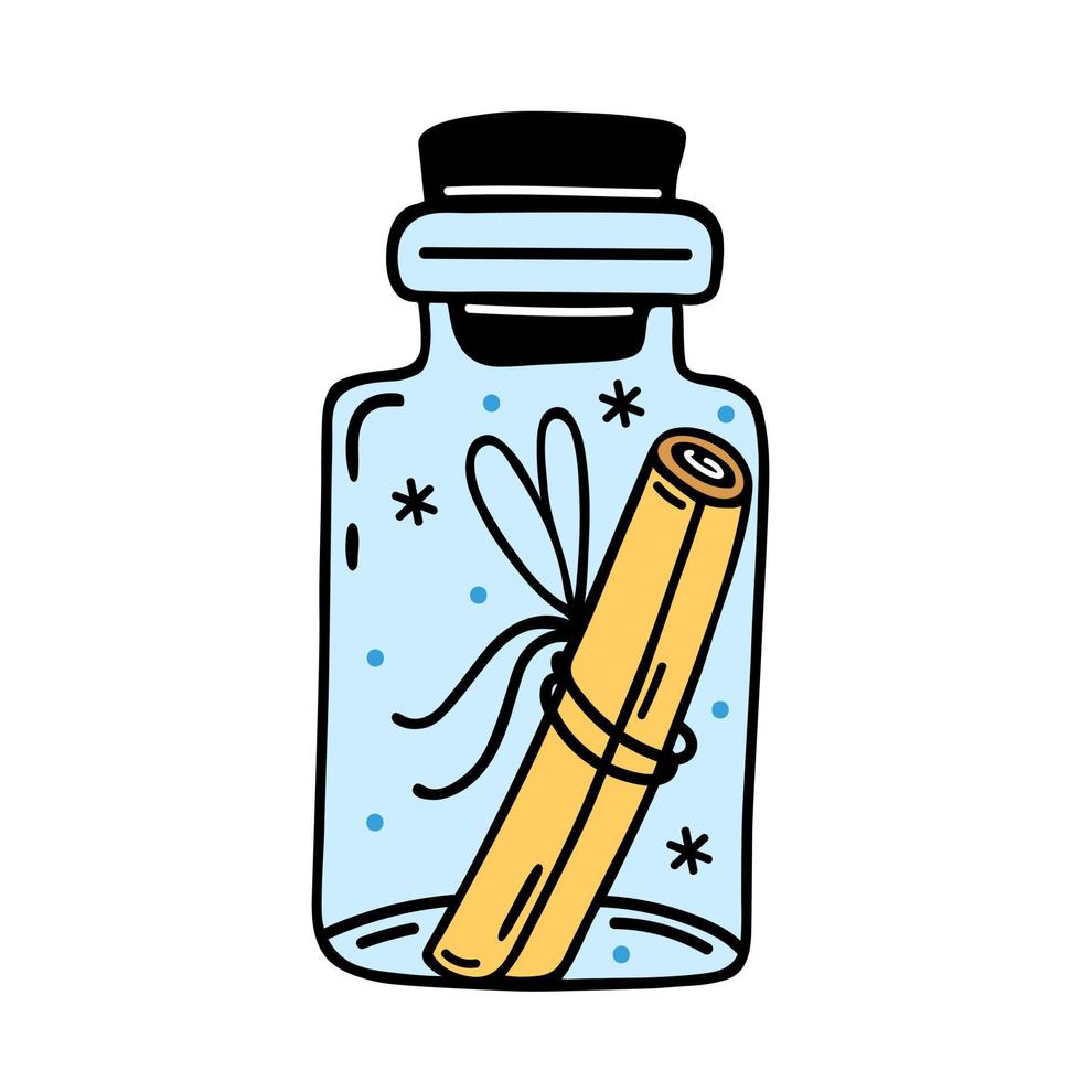 Jar with a mysterious message. Simple vector icon. Doodle isolated on white. Glass bottle with cork. Rolled scroll. Shiny paper in a transparent container. Flat cartoon clipart for cards, posters