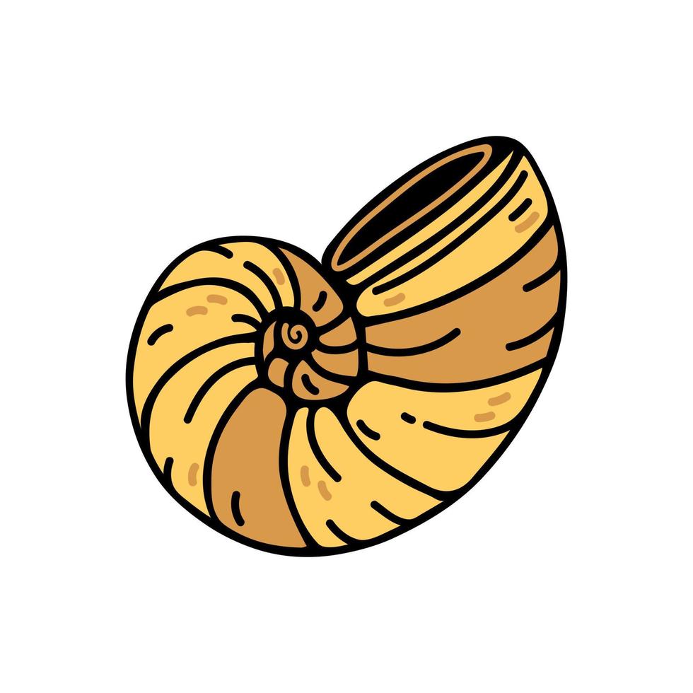 icono de vector de concha de nautilus amarillo. garabato simple dibujado a mano aislado en blanco. concha redonda, molusco submarino o caracol. mariscos, sabroso manjar. clipart de dibujos animados planos para menú, carteles, impresiones, web