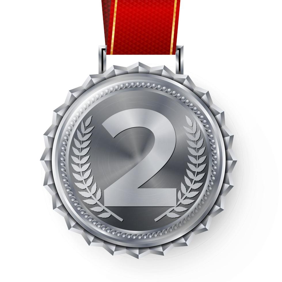 Silver Medal Vector. Silver 2nd Place Badge. Sport Game Silver Challenge Award. Red Ribbon. Isolated. Olive Branch. Realistic Illustration. vector