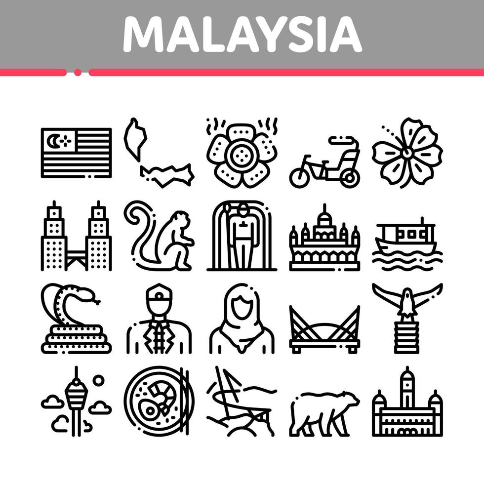 Malaysia National Collection Icons Set Vector