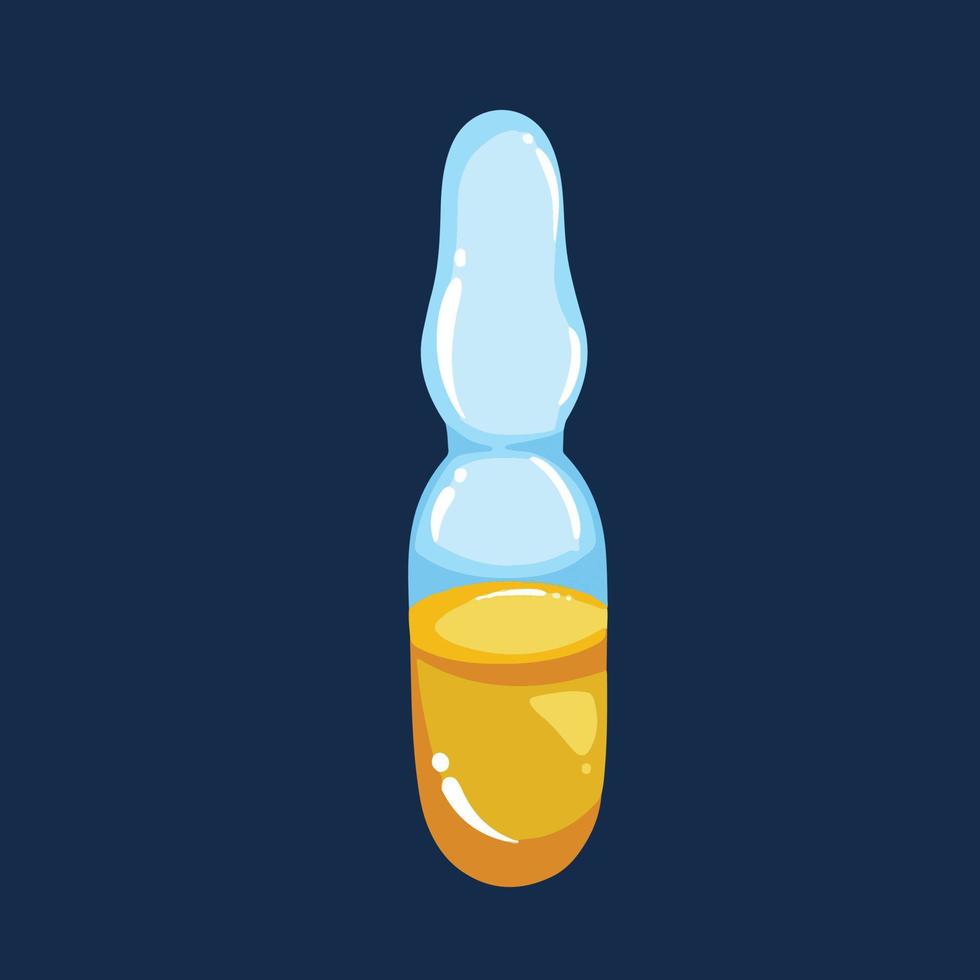 Single yellow oil liquid in glass medical ampoule vector illustration isolated on plain dark blue background. Cartoon art styled one dose of vaccine. Simple art style and colors.