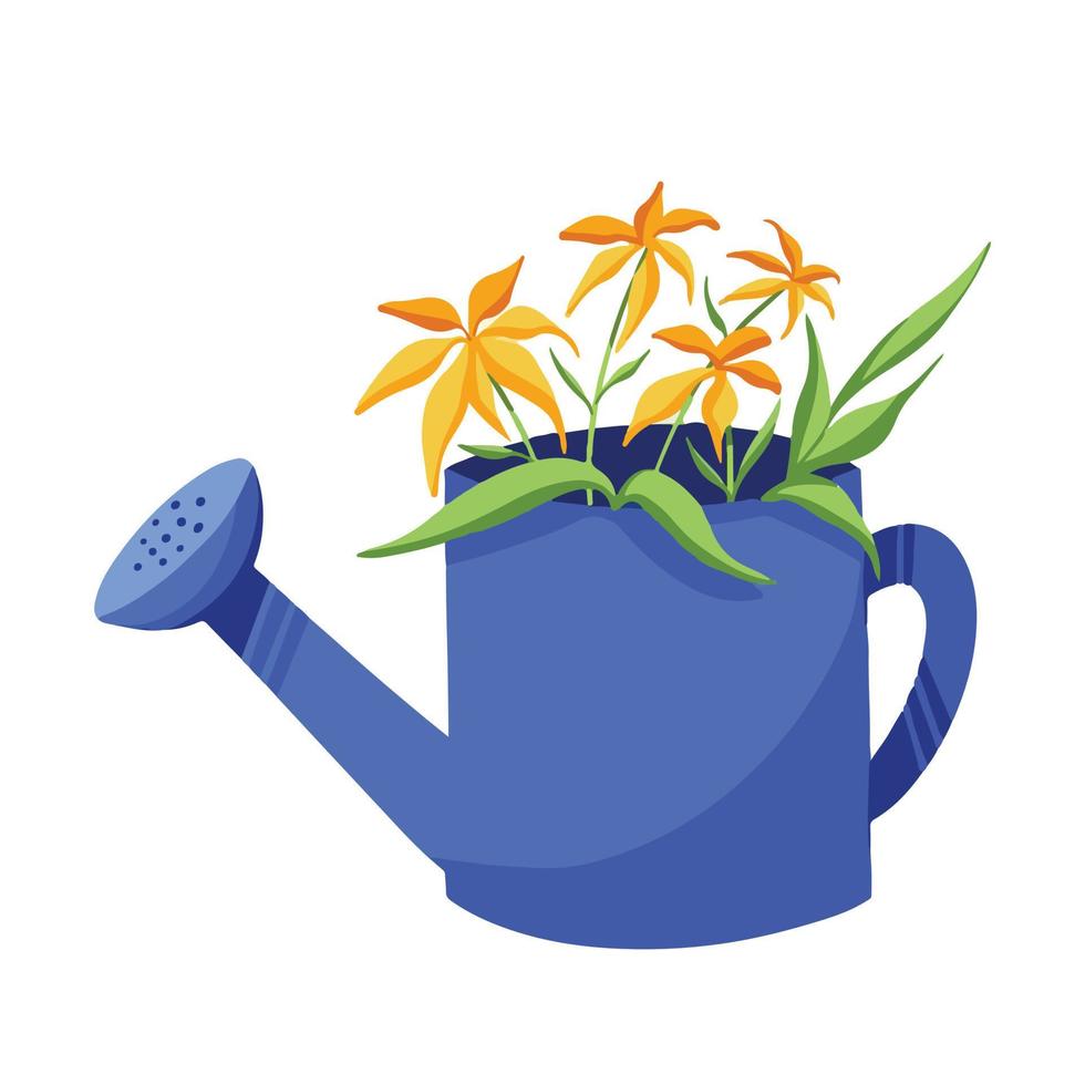 Blue watering can with yellow flower decoration inside. Botanical and natural decor themed vector illustration isolated on white background. Plant drawing with cartoon simple flat art work style.