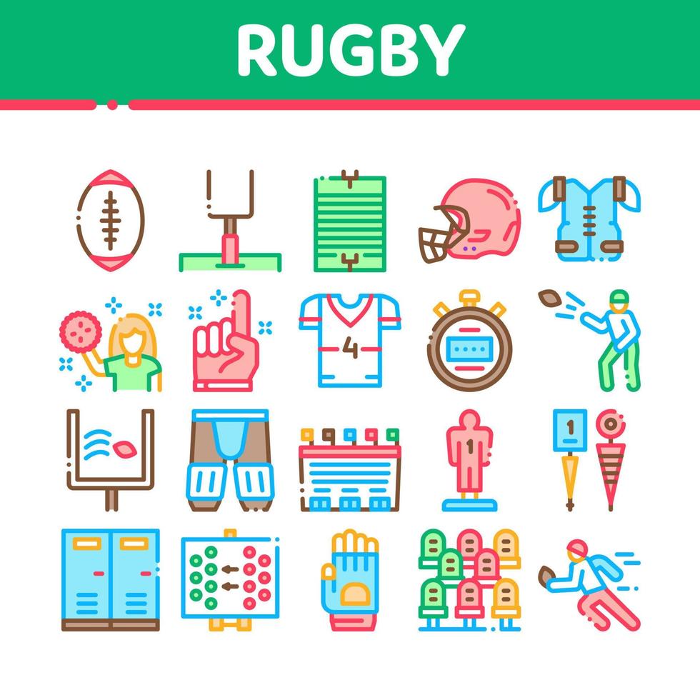 conjunto de iconos de colección de herramientas de juego de deporte de rugby vector