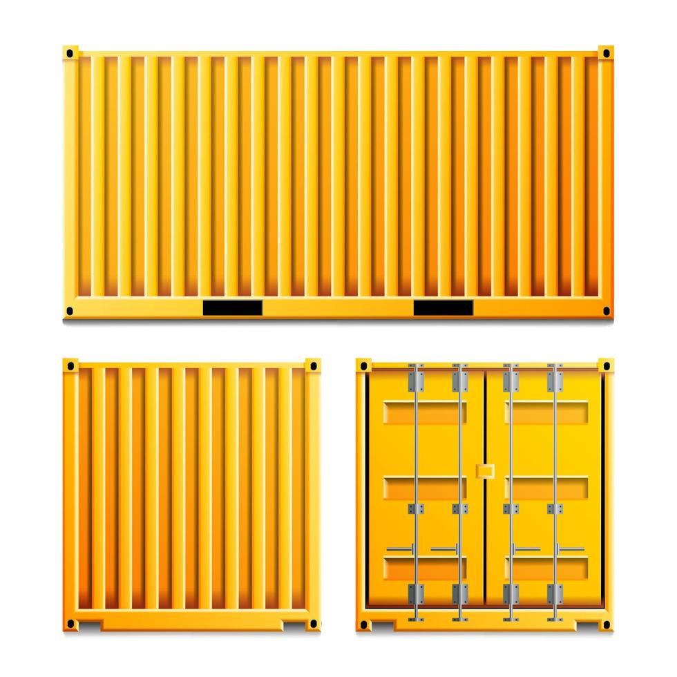 Yellow Cargo Container Vector. Realistic Metal Classic Cargo Container. Freight Shipping Concept. Logistics, Transportation Mock Up. Two Sides. Isolated On White Background Illustration vector