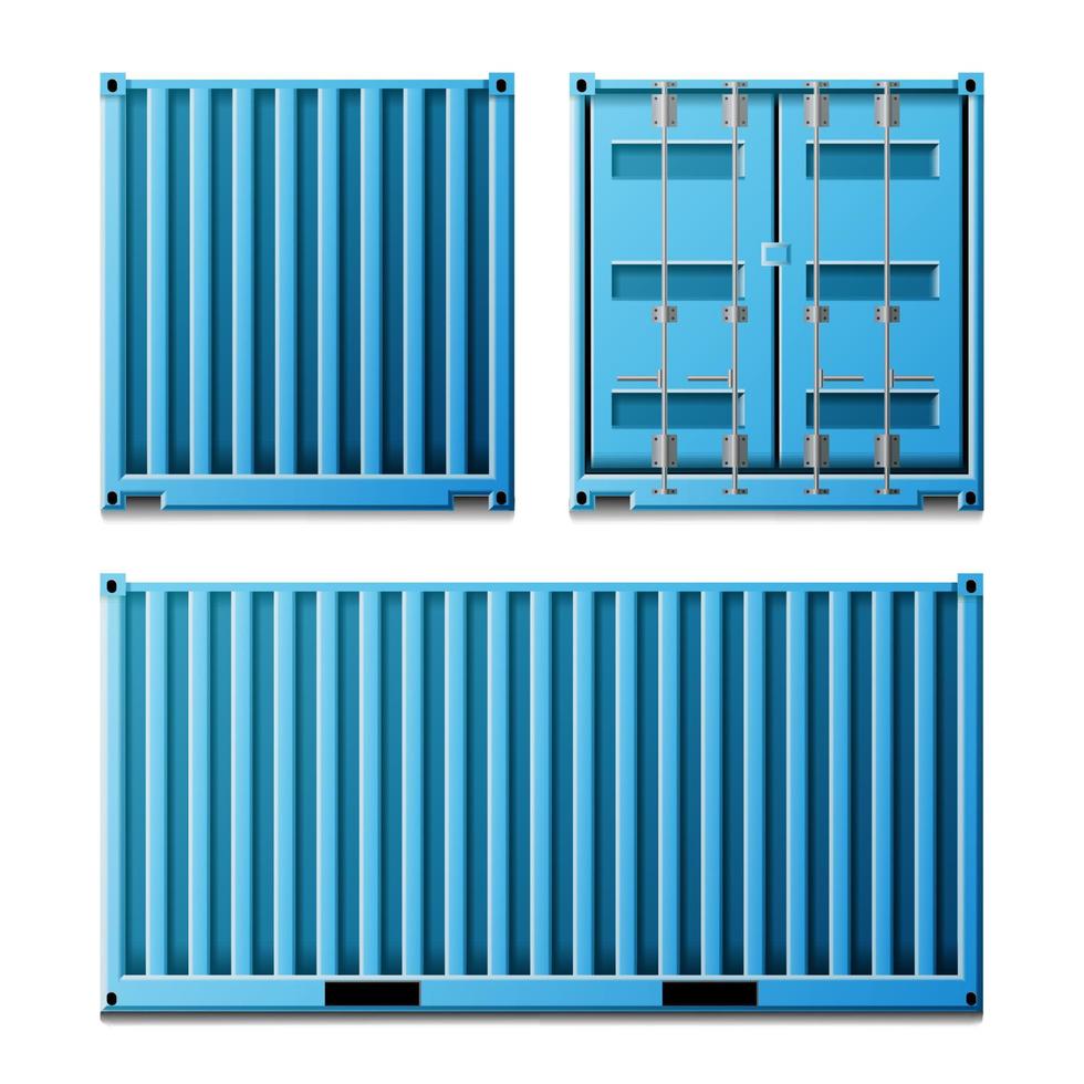 Blue Cargo Container Vector. Realistic Metal Classic Cargo Container. Freight Shipping Concept. Transportation Mock Up. Front And Back Sides. Isolated On White Illustration vector
