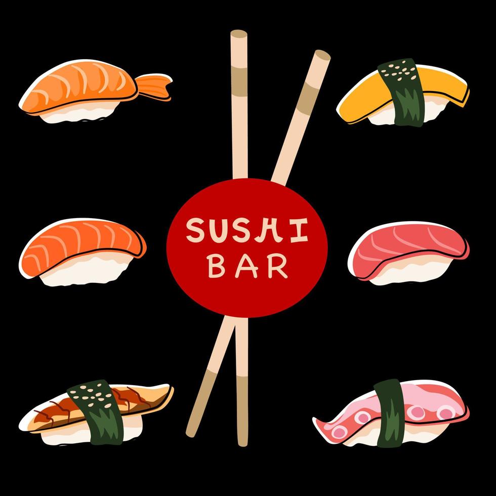 banner de concepto de barra de sushi con colección de sushi nigiri y palillos. cartel cuadrado con fondo oscuro. vector