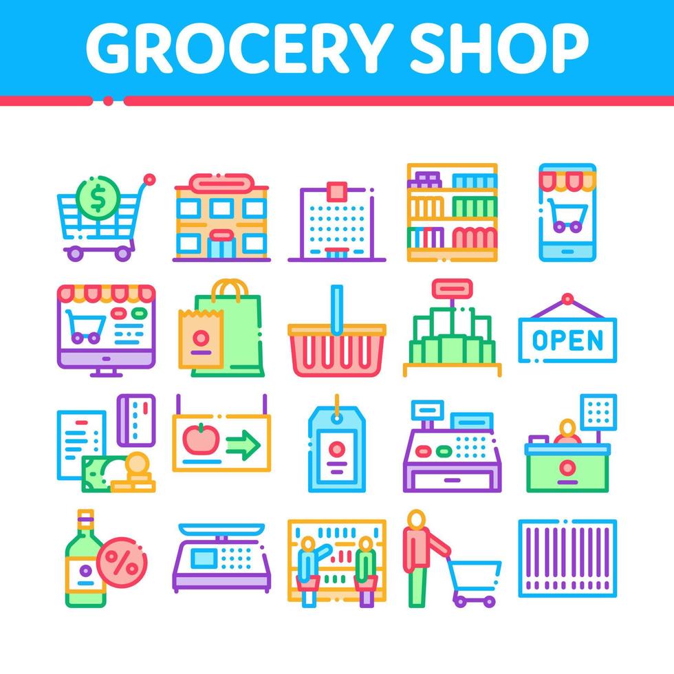 Grocery Shop Shopping Collection Icons Set Vector