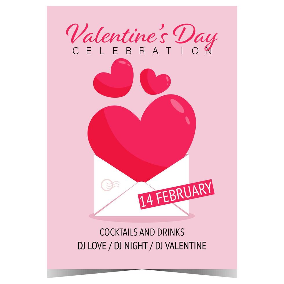 Valentine's Day invitation card to celebrate the Feast of Saint Valentine on February 14. Promo banner, poster, brochure, booklet or leaflet with big red heart in an envelope on pink background. vector