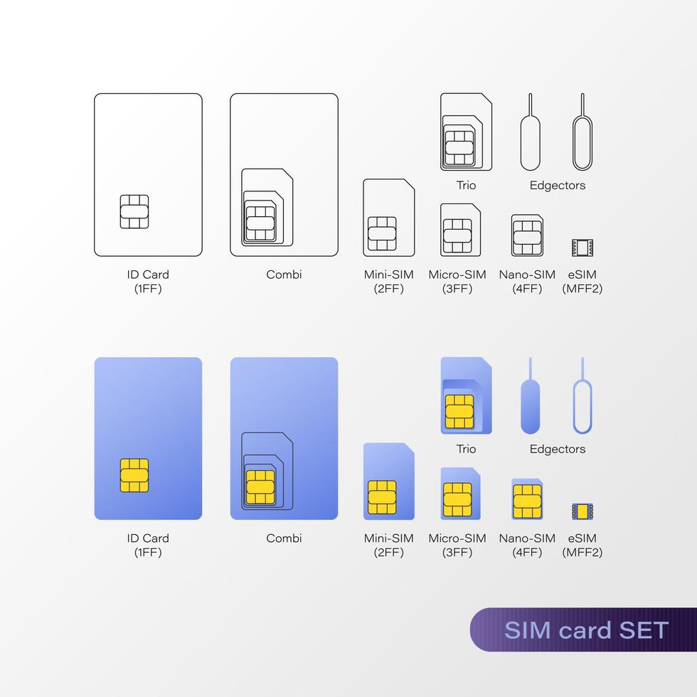 conjunto de vectores de iconos planos y de línea de tarjeta sim. micro, nano, esim.