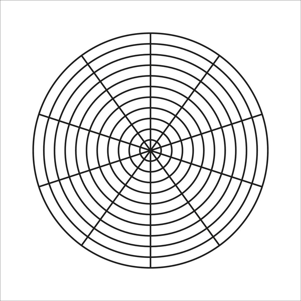 Polar grid of 10 segments and 10 concentric circles. Circle diagram of lifestyle balance. Wheel of life template. Vector blank polar graph paper. Coaching tool.