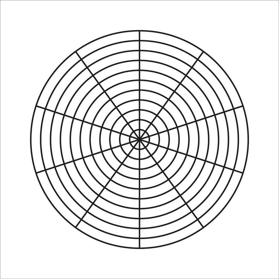 Polar grid of 10 segments and 10 concentric circles. Circle diagram of lifestyle balance. Wheel of life template. Vector blank polar graph paper. Coaching tool.