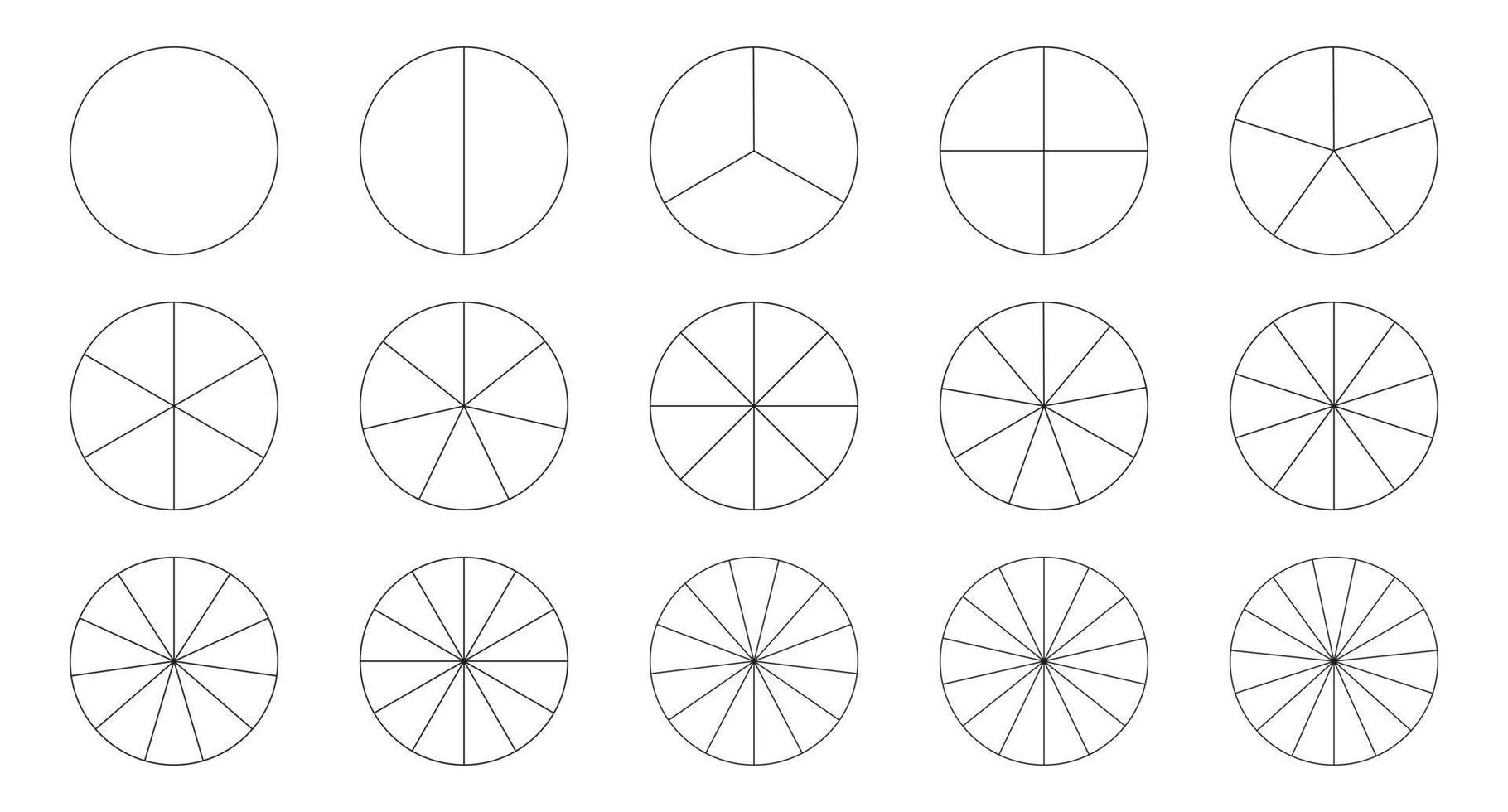 Segment slice icon. Pie chart template. Circle section graph line art. 1,2,3,4,5,6,7,8,9,10,11,12,13,14,15 segments infographic. Diagram wheel parts. Geometric element. vector