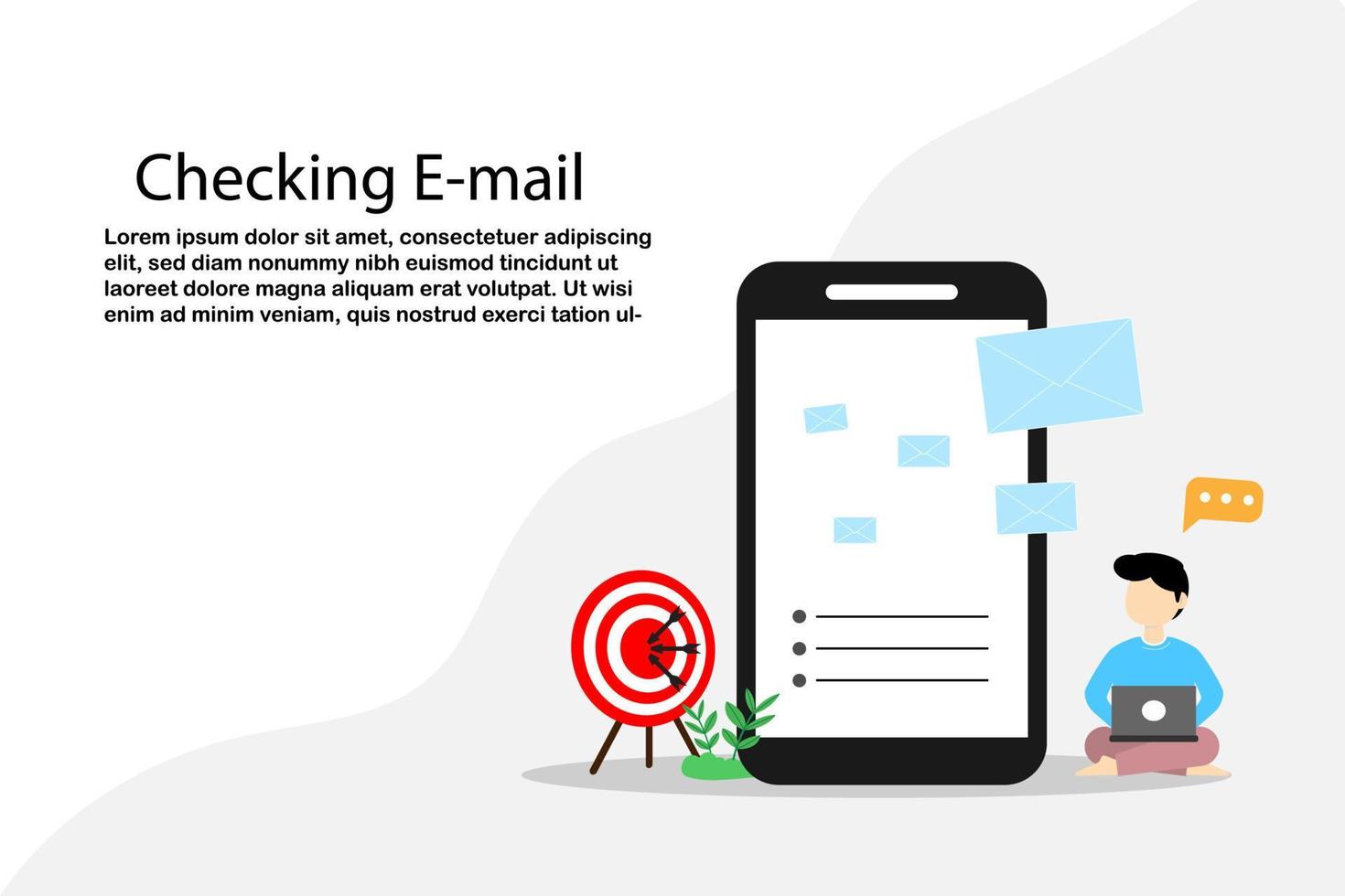 Vector illustration concept man with laptop sitting checking email looking mobile phone screen
