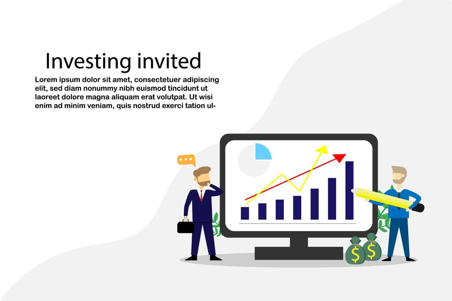 Vector illustration concept invited to investing,Businessman standing at investment graph on screen thinking about profit