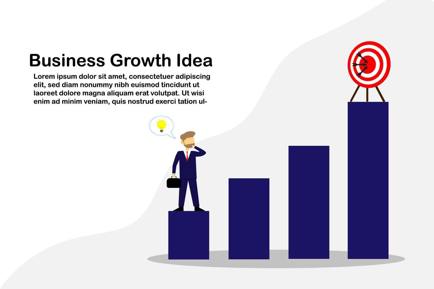 concepto de ilustración vectorial empresario idea de pensamiento de pie en la barra de crecimiento con objetivo objetivo, gráfico de estrategia empresarial vector