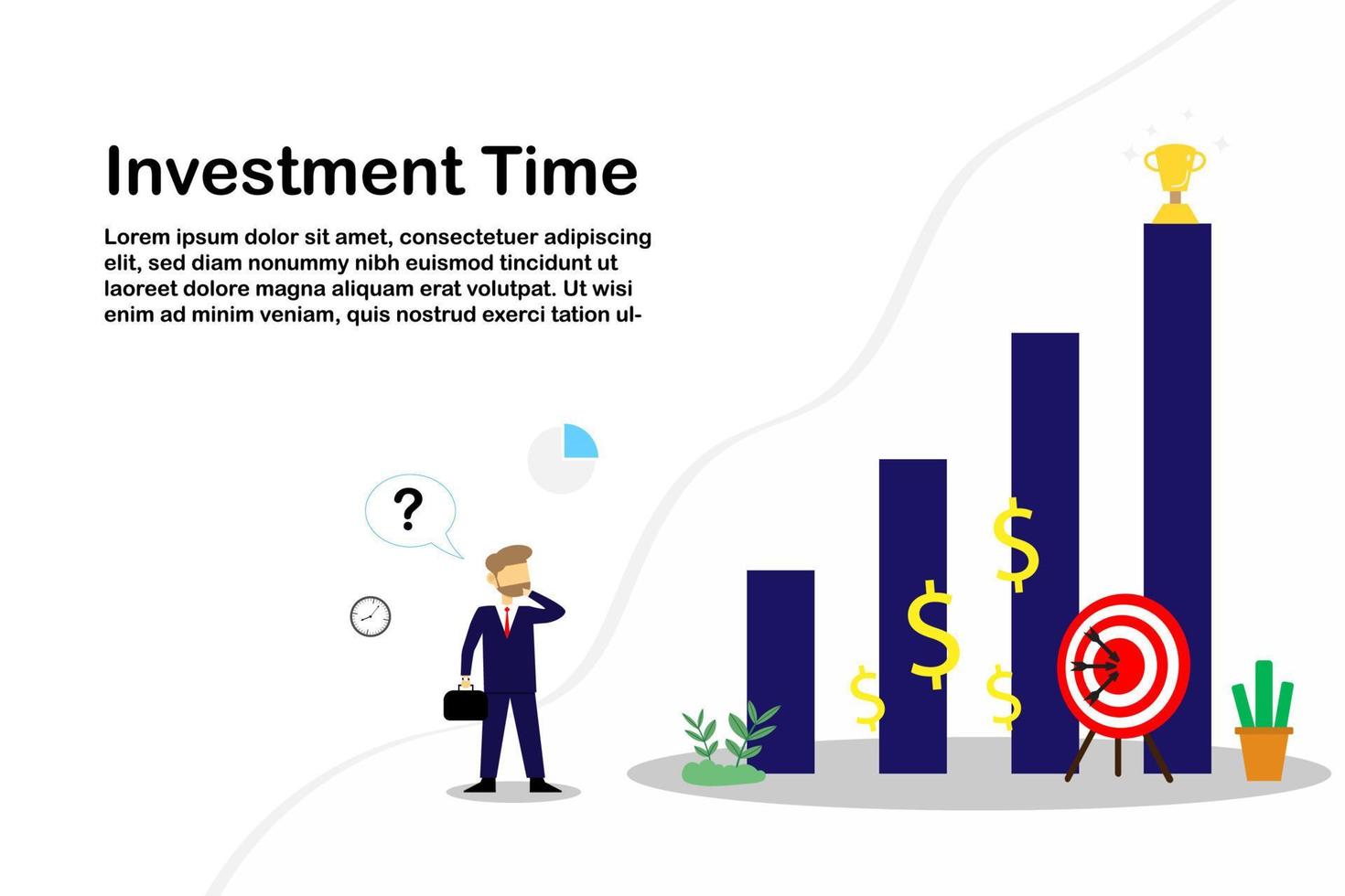 Vector illustration concept businessman standing and thinking about investment with strategy growth graph and trophy on bar