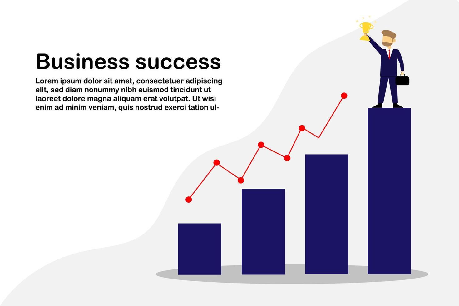 ilustración vectorial concepto empresario de pie en la barra gráfica mostrar trofeo de éxito con gráfico de estrategia, recompensa con éxito empresarial vector