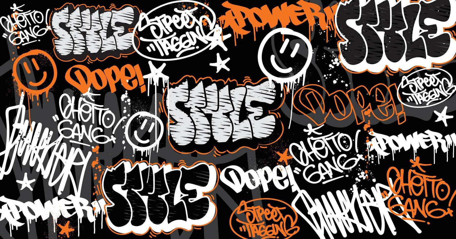 Graffiti art background with scribble throw-up and tagging hand-drawn style. Street art graffiti urban theme for prints, patterns, banners, and textiles in vector format