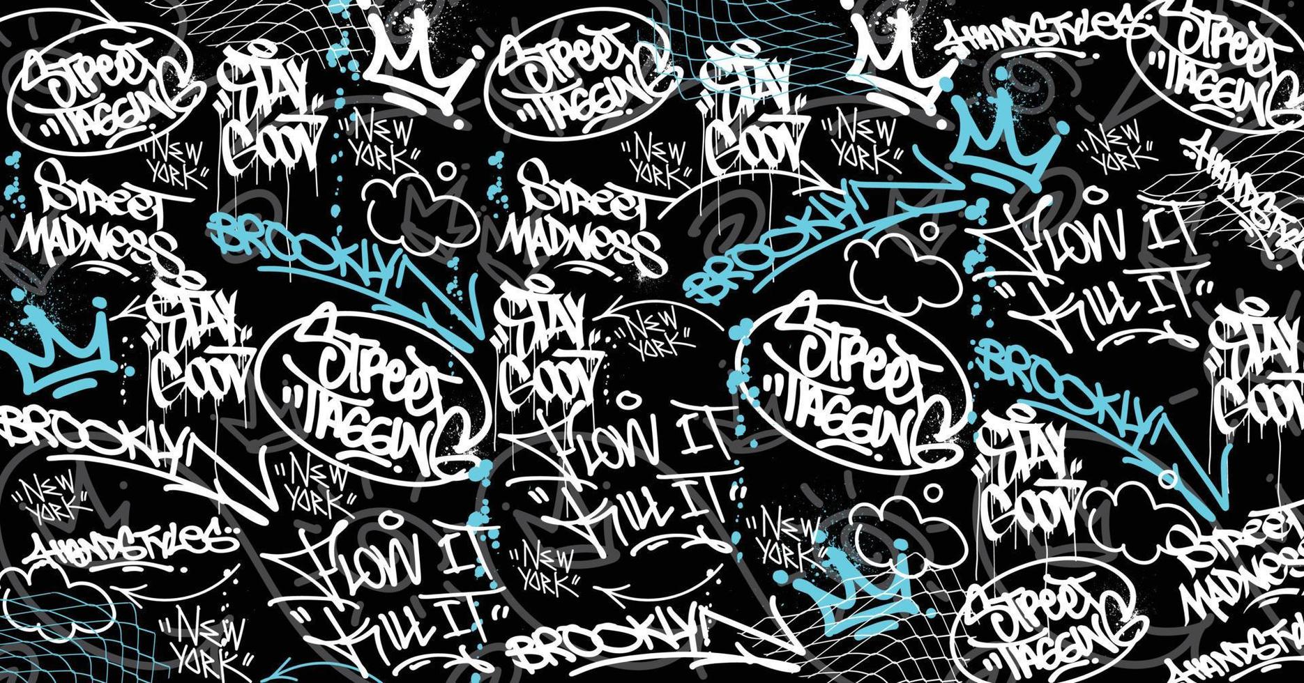 Graffiti art background with scribble throw-up and tagging hand-drawn style. Street art graffiti urban theme for prints, patterns, banners, and textiles in vector format