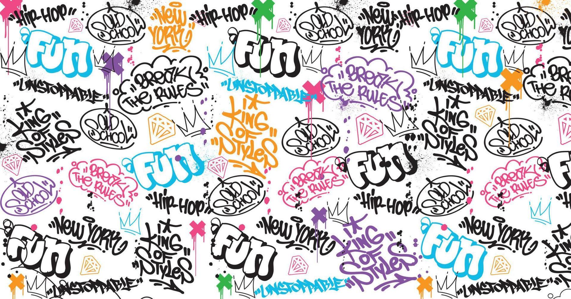 Graffiti art background with scribble throw-up and tagging hand-drawn style. Street art graffiti urban theme for prints, patterns, banners, and textiles in vector format