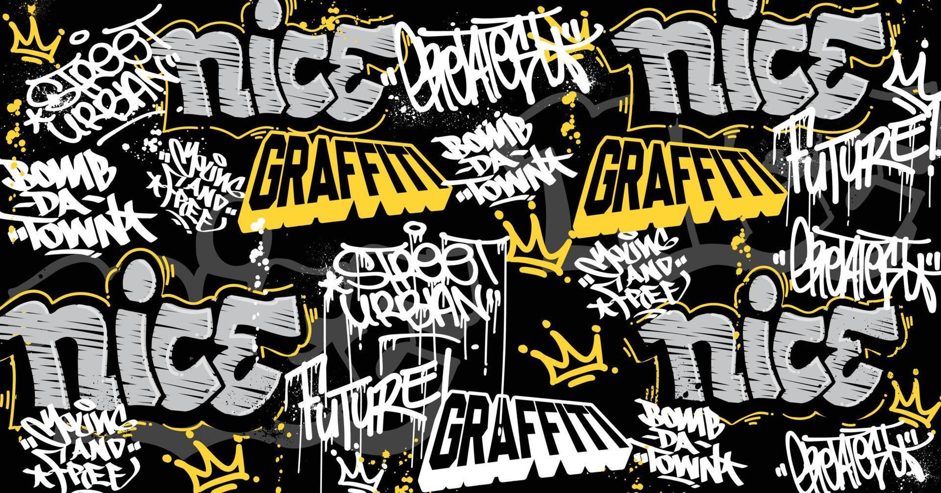 Graffiti art background with scribble throw-up and tagging hand-drawn style. Street art graffiti urban theme for prints, patterns, banners, and textiles in vector format