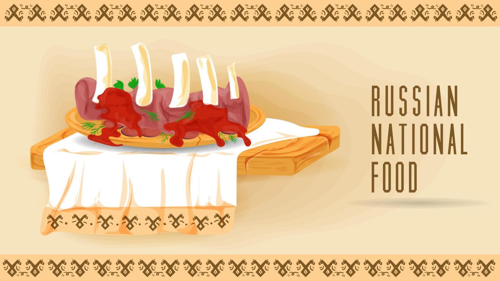fried ribs in red sauce on a wooden platter on a towel with an ornament flat illustration of traditional food vector
