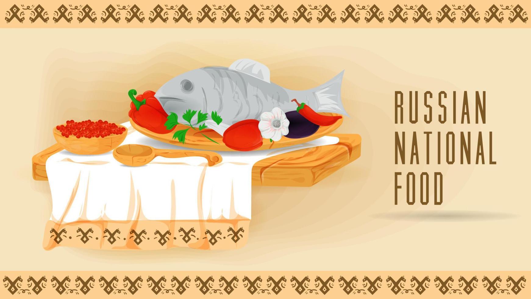 baked fish with vegetables on a wooden platter on a towel with an ornament flat illustration of traditional food vector