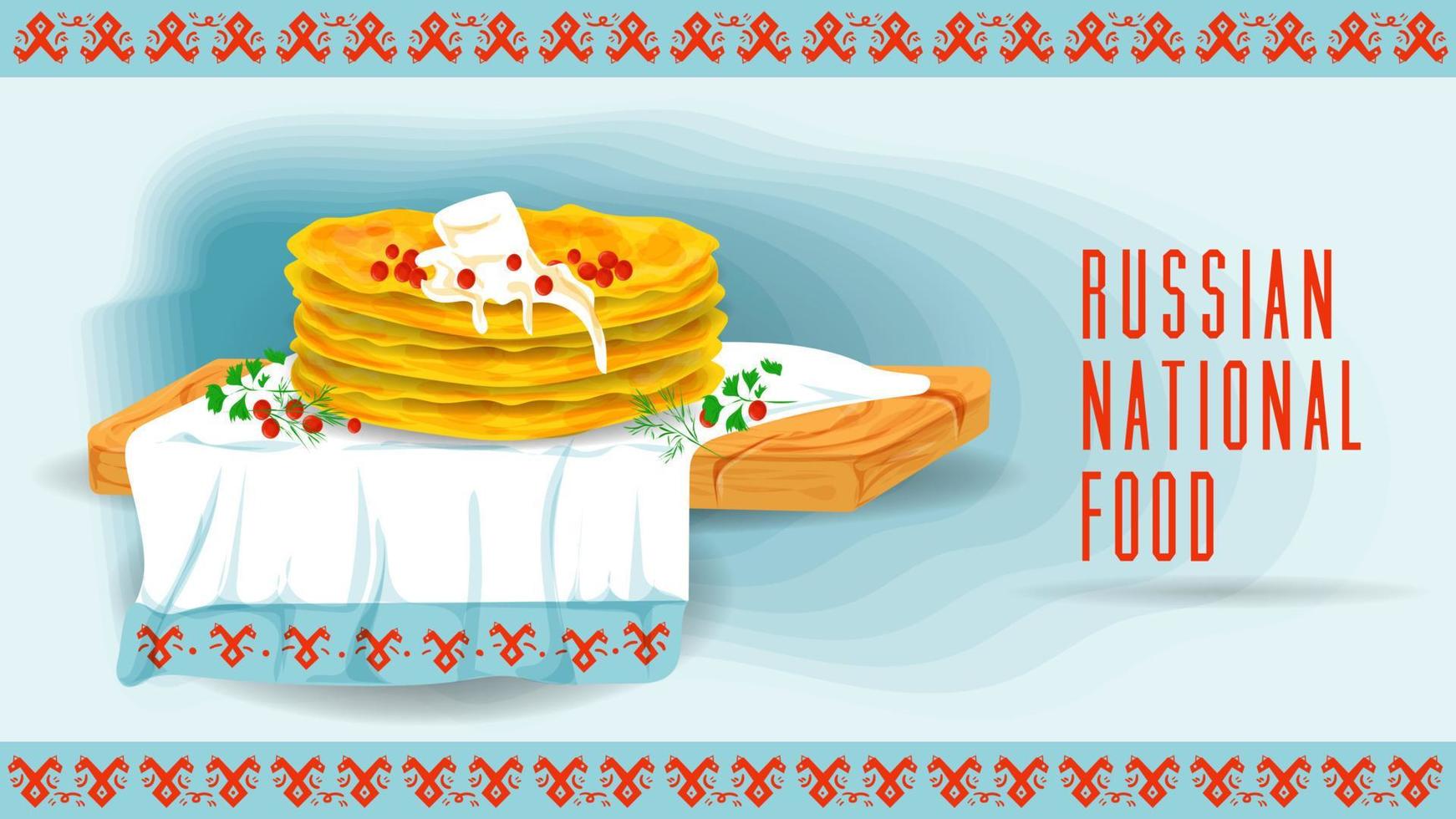 fried pancakes with red fish caviar on a towel with an ornament is a flat illustration of traditional food vector