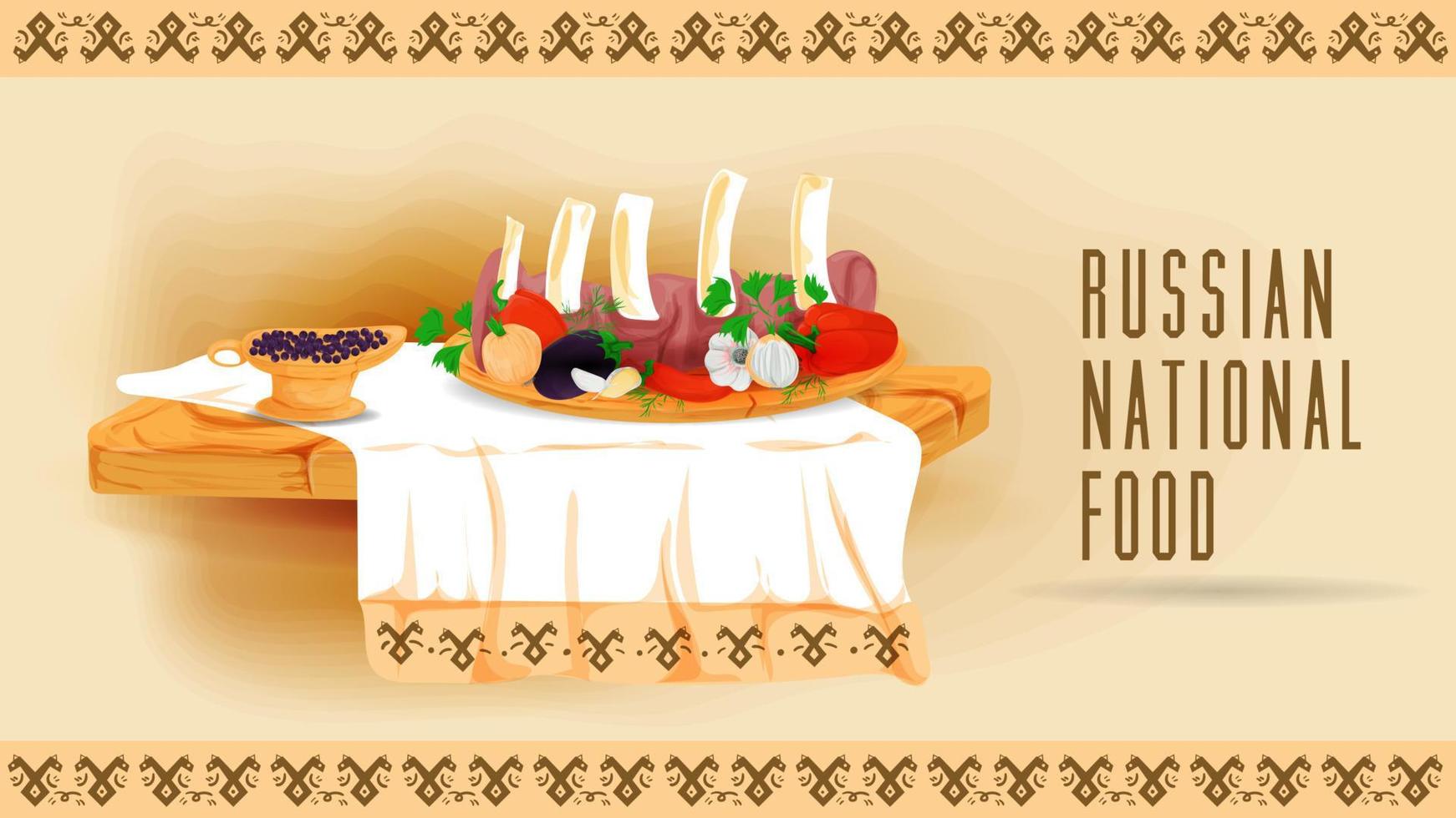 costillas al horno con verduras y especias en una bandeja de madera sobre una toalla con un adorno ilustración plana de la comida tradicional vector