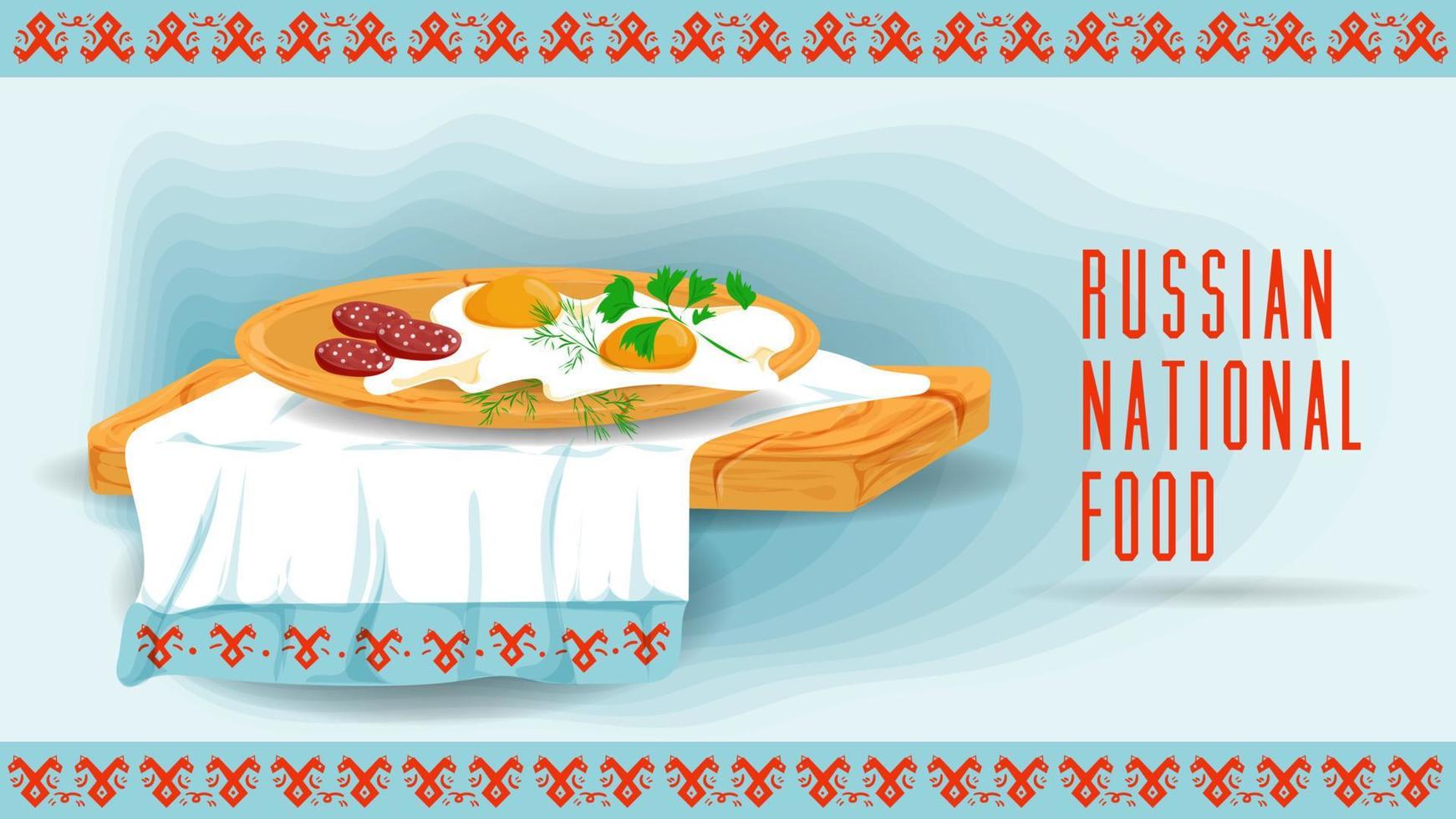 fried eggs with sausage on a wooden platter on a towel with an ornament is a flat illustration of traditional food vector