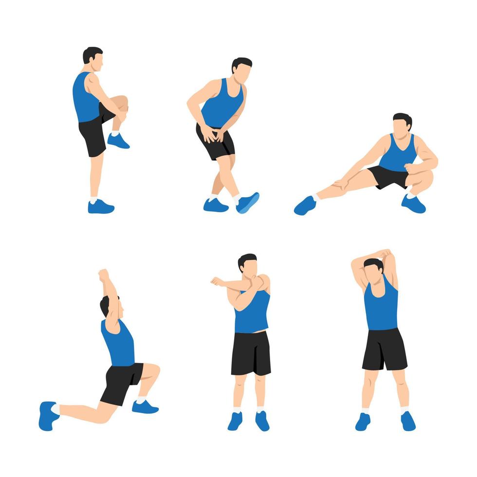 conjunto de hombre de entrenamiento. hombre haciendo ejercicios de fitness. estiramiento de cuerpo completo. calentar y estirar. ilustración vectorial plana aislada sobre fondo blanco vector