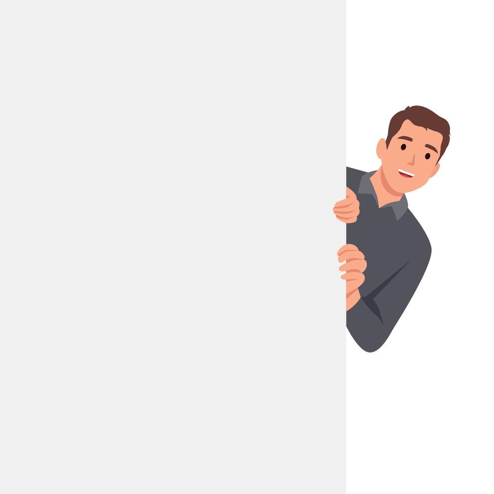 Young Curious Male Character Peeking From Behind Wall with Rectangular Shape and Looking Outside. Portrait of Cheerful Man Peeping or Watching for Something. Flat vector illustration isolated on white