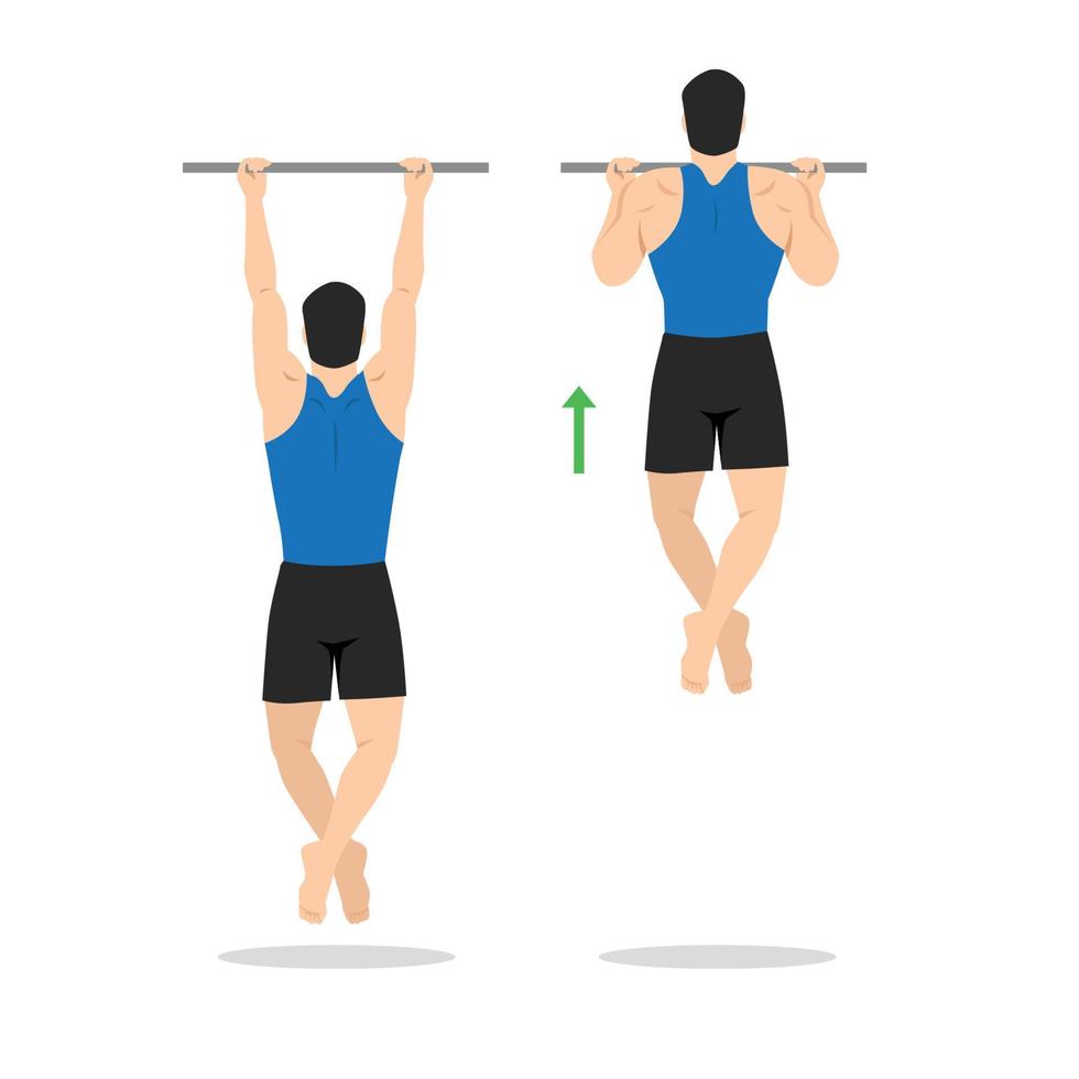 Man doing chin ups workout. Pull up with supinated lat pulldown reverse grip. Healthy and active lifestyle. Flat vector illustration isolated on white background