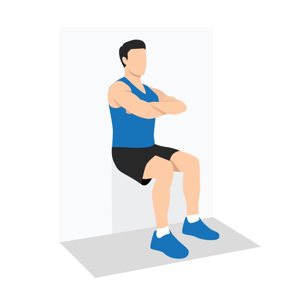 Man doing wall sit exercise. Flat vector illustration isolated on white background