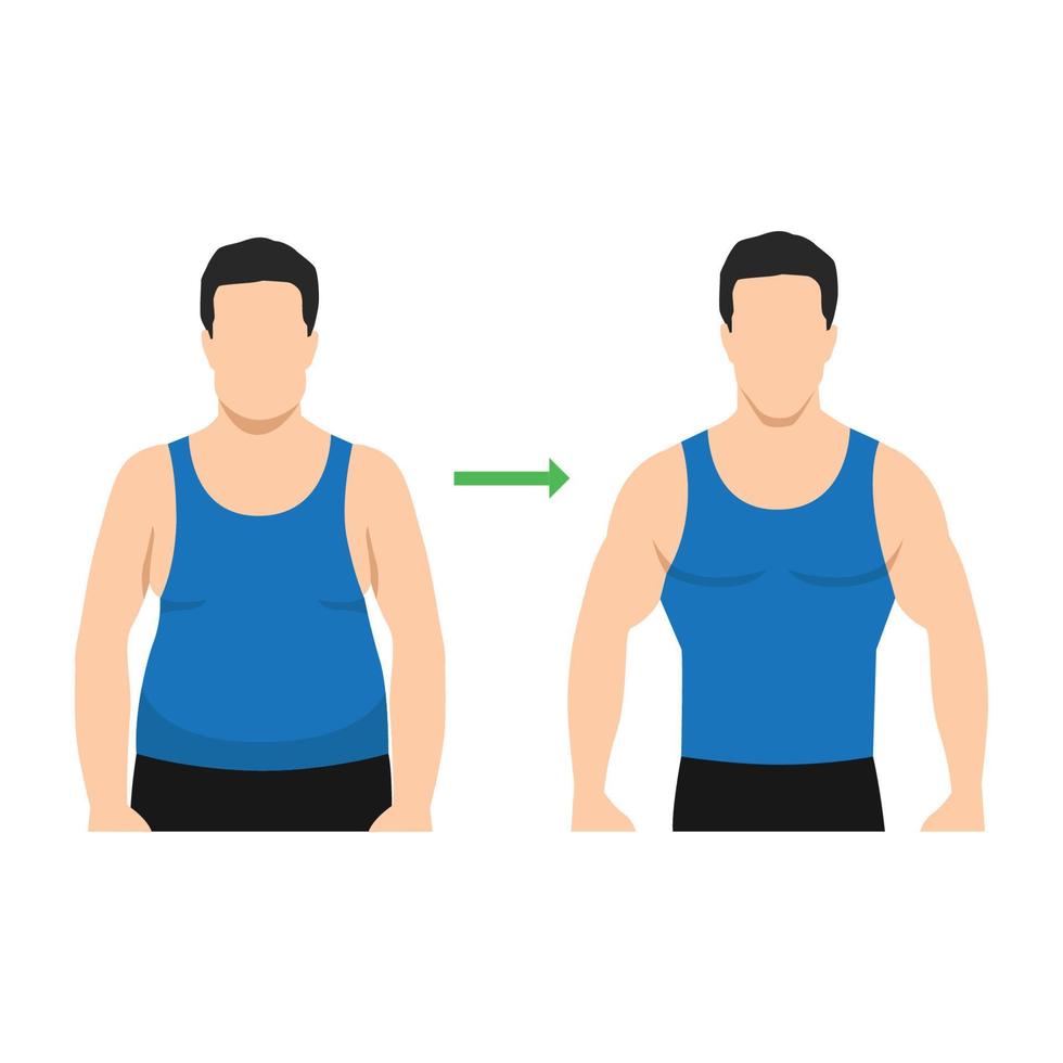 hombre musculoso y gordo, chico antes y después de los deportes. pérdida de peso y concepto de estilo de vida de vector de dieta. ilustración vectorial plana aislada sobre fondo blanco