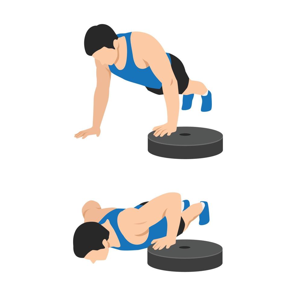 Man doing Single arm elevated push up with weight plate. Flat vector illustration isolated on white background