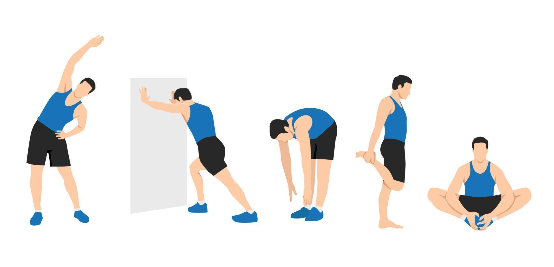 Workout man set. Man doing fitness exercises. Warm up before gym. Full body workout. Warming up, stretching vector