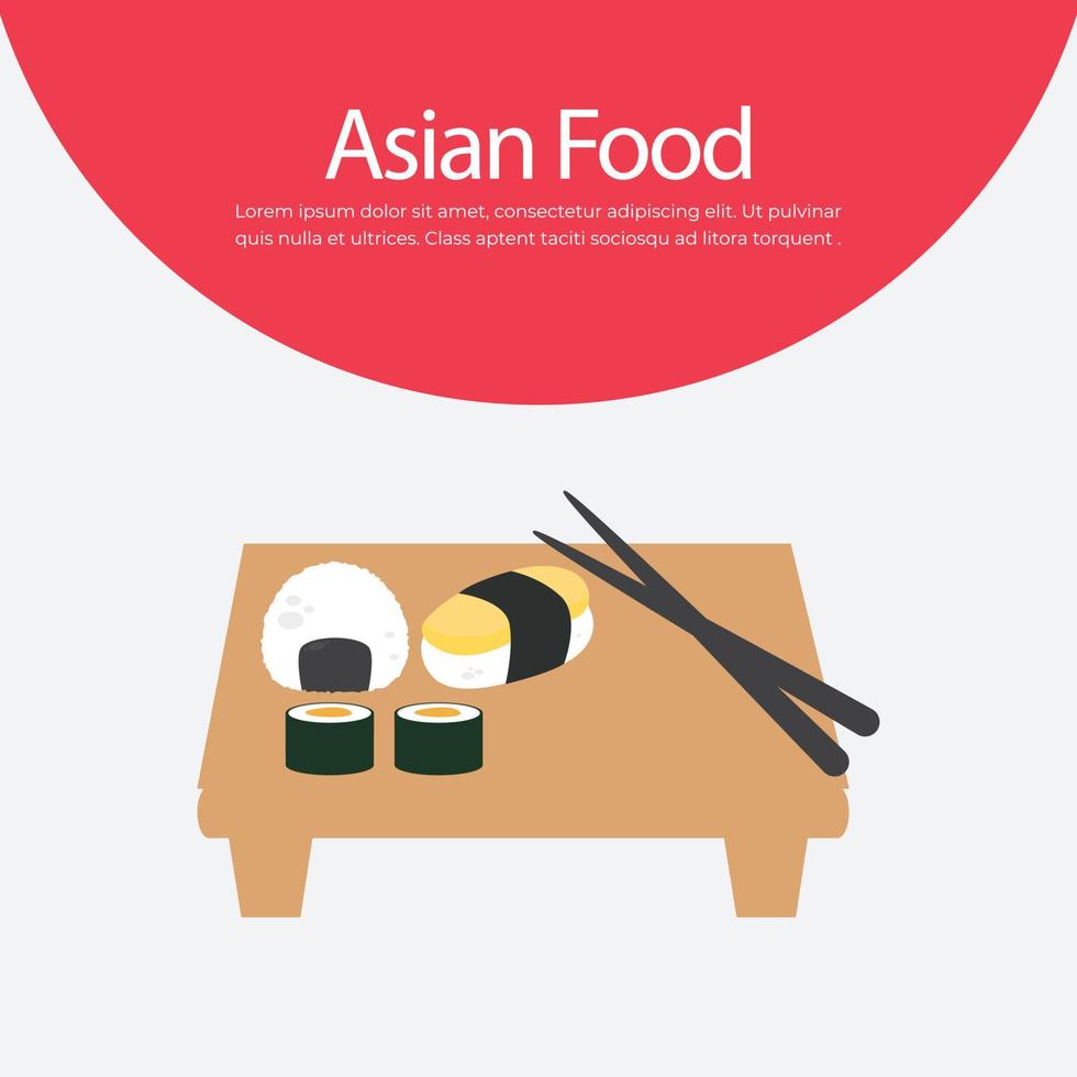 Different types of sushi on a wooden plate, Japanese food vector