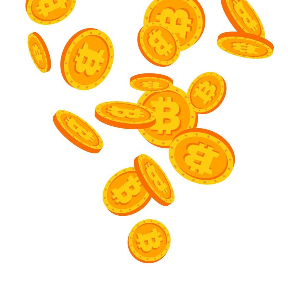 bitcoins cayendo vector. ilustración plana de monedas de oro de dibujos animados. diseño de monedas financieras de criptografía. cadena de bloques fintech. ilustración aislada de moneda vector